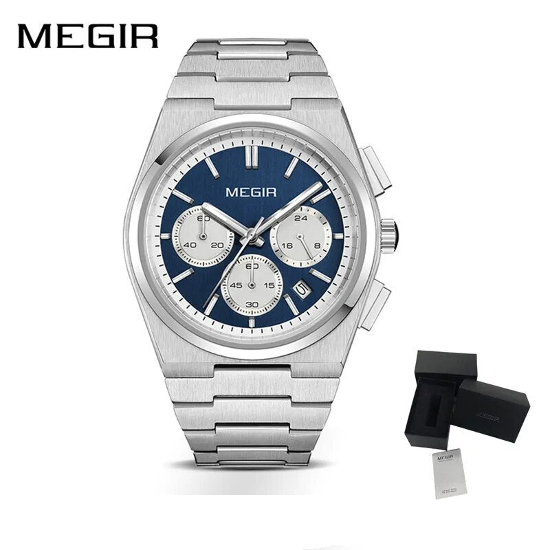 MEGIR Men's Business Watches Original Analogue Quartz Wrist Watch Luminous 5ATM Waterproof Steel Large Dial Clock Reloj Hombre 8402-10