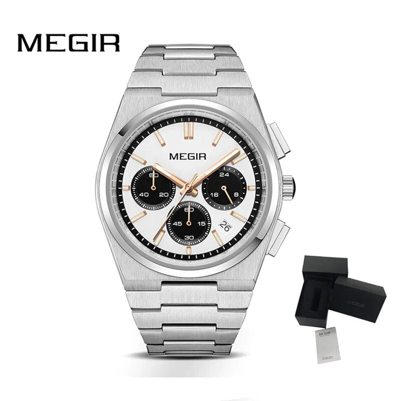 MEGIR Men's Business Watches Original Analogue Quartz Wrist Watch Luminous 5ATM Waterproof Steel Large Dial Clock Reloj Hombre 8402-11
