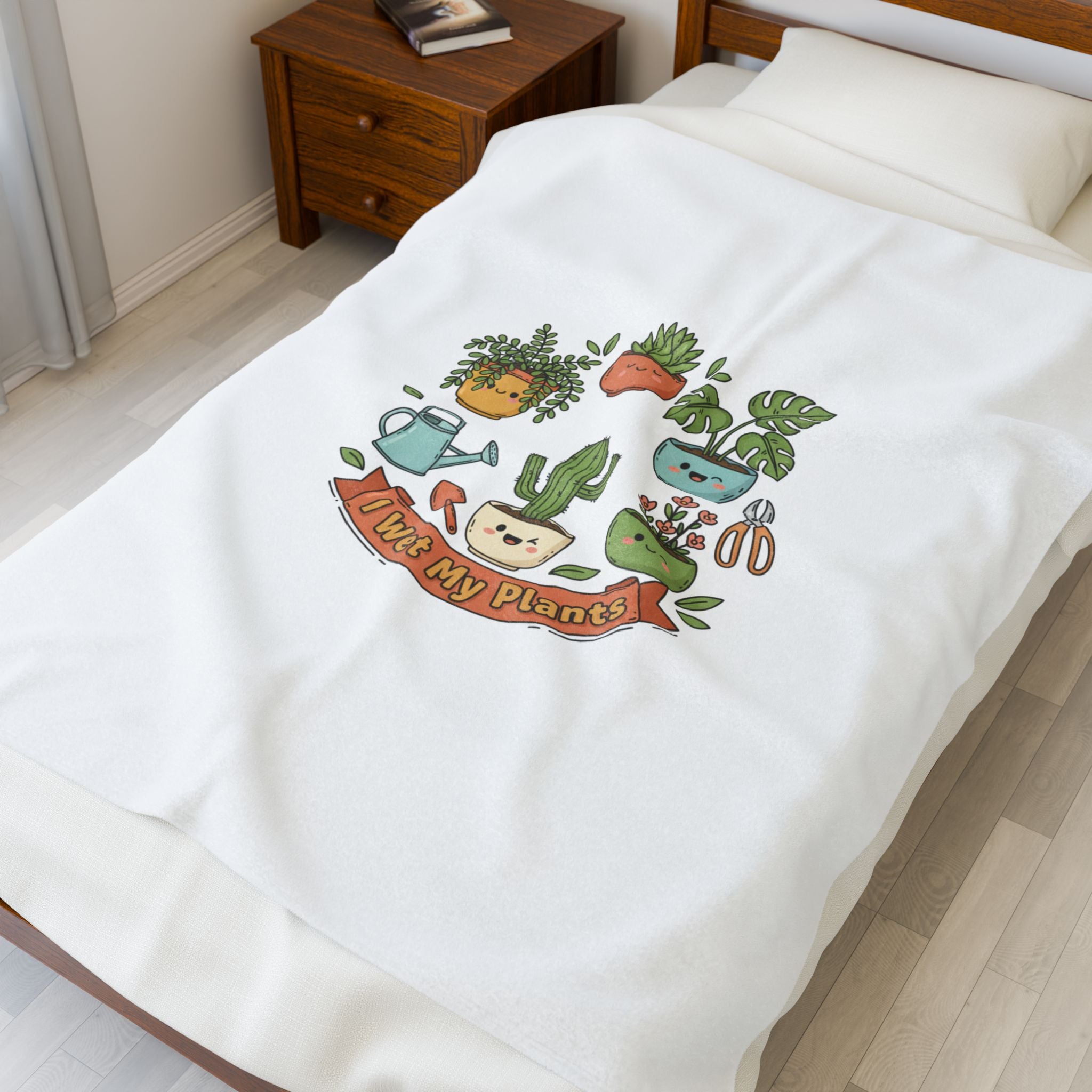 I Wet My Plants Velveteen Plush Blanket | Plant Parent Humor, Sage Cream