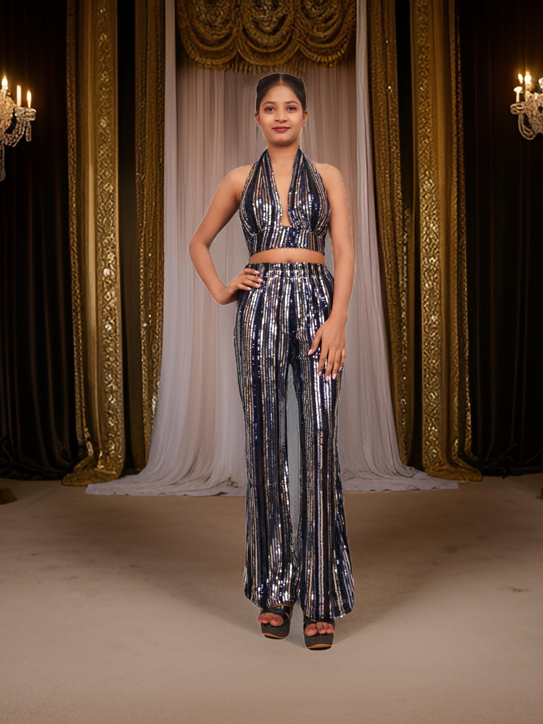Glamour Halter Neck Sequins Bodycon Co-Ord Set by Shreekama-8